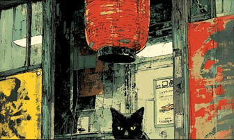 Street cat under a red lantern